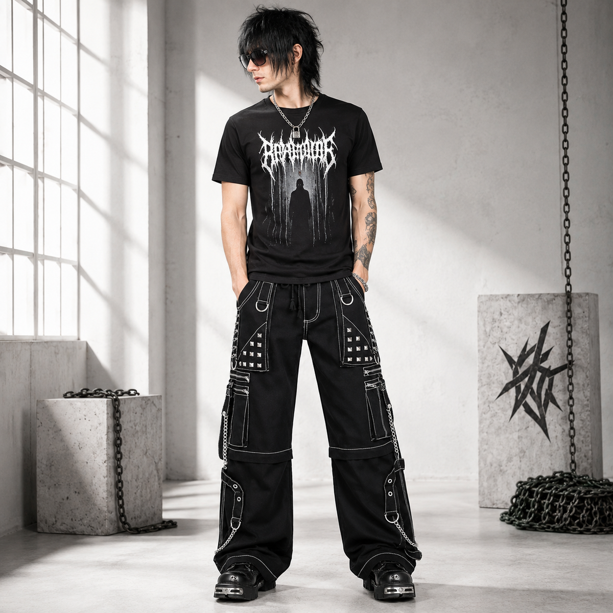 Prime Quality Gothic Men's Black Bondage Gothic Cyber Pant Chain Techno Rock Punk Shorts Trouser Pants USA