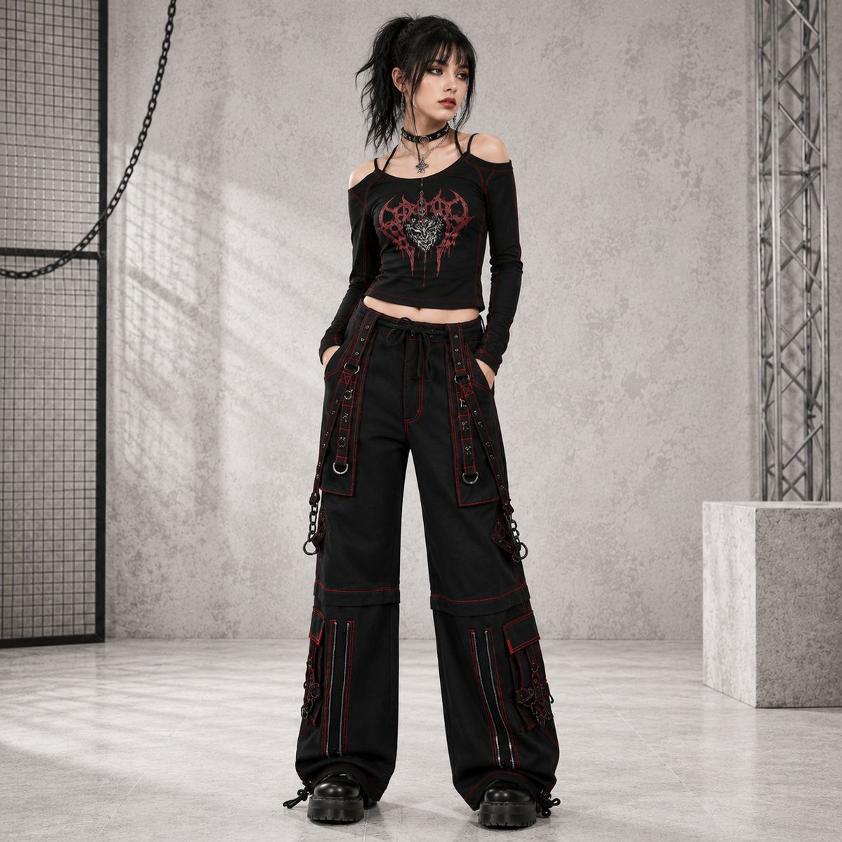 Men’s Black Gothic Super Studded Pants Red Stitching Men’s Fashion Goth Pant
