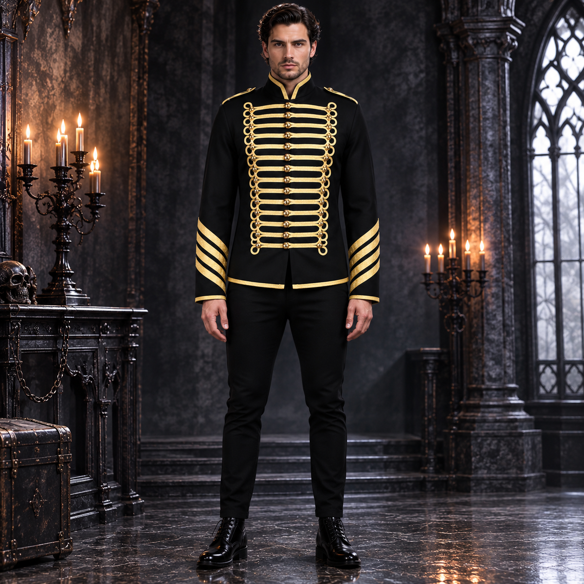 Prime Quality Handmade Men's Gothic Military Hussar Jacket Black Gold/Gold Jacket /USA