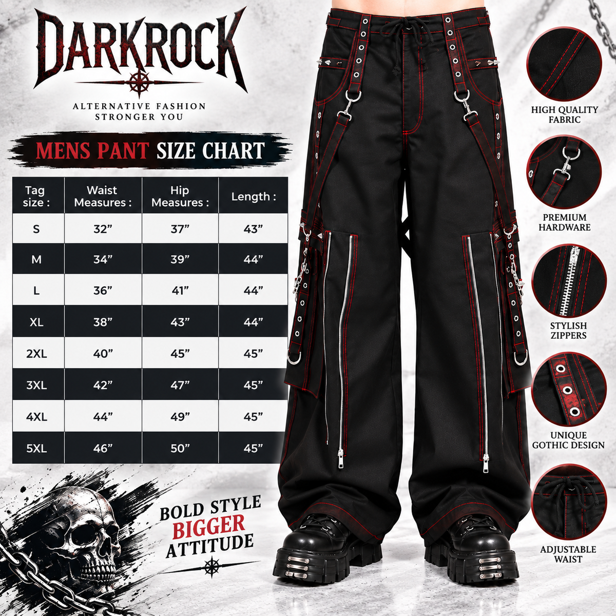 Gothic Mens Black Bondage Red Back Skull Punk Rock Pants
