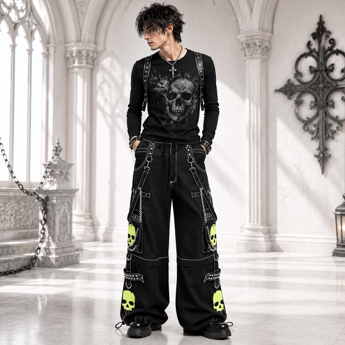 Gothic Bondage Black Lime Big Skull Men Pant Alternative Punk Rock Jeans Emo Trouser Pant Shorts USA