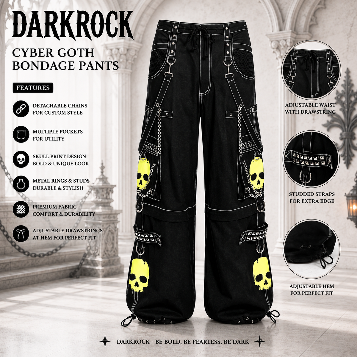Gothic Bondage Black Lime Big Skull Men Pant Alternative Punk Rock Jeans Emo Trouser Pant Shorts USA