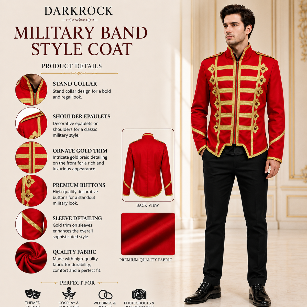 Military Drummer Jacket Black Parade Jacket Goth Punk Adam Ant VTG Style Red Gold Jacket