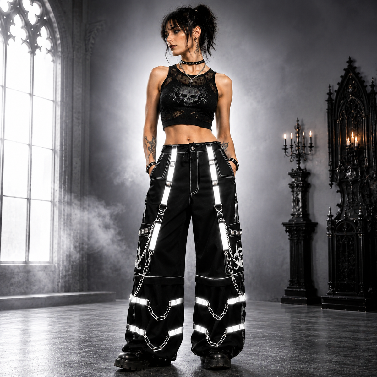 Prime Quality Men Gothic Bondage Reflective Men Street Walker Pant Alternative Punk Rock Emo Trouser Pant Shorts