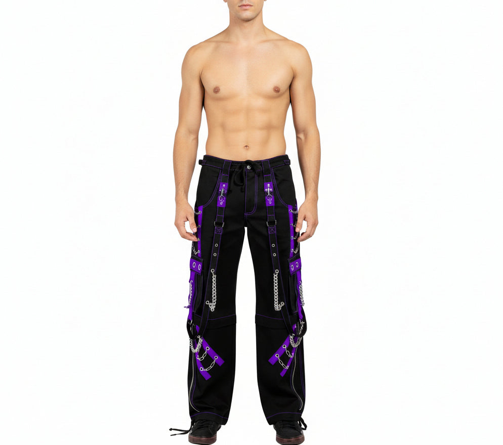 Mens Gothic Punk Black Purple Bondage Pant Chain Techno Rock Punk Usa