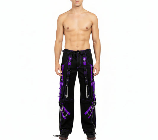 Mens Gothic Punk Black Purple Bondage Pant Chain Techno Rock Punk Usa