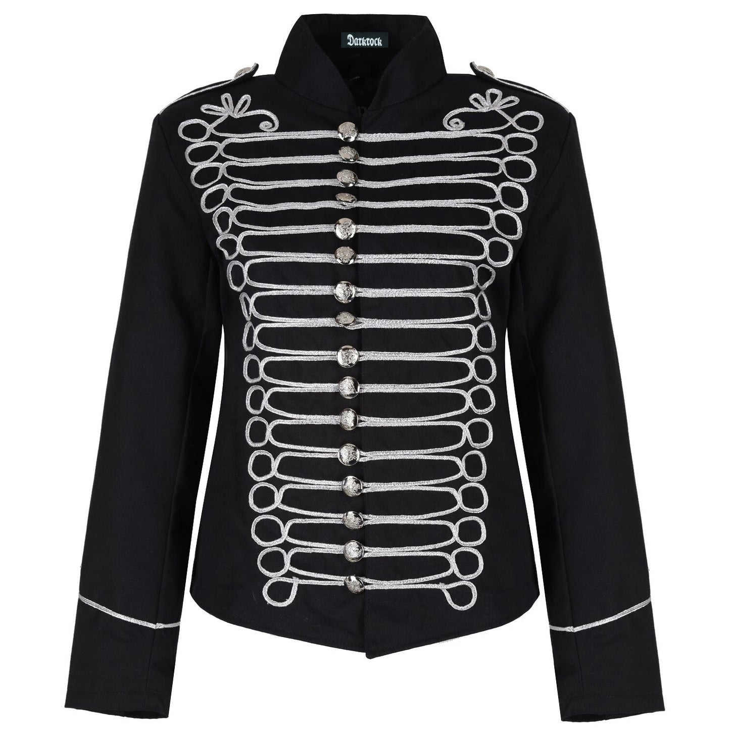 Women's Emo Punk Goth Napoleon Military Drummer Parade Jacket Black Silver