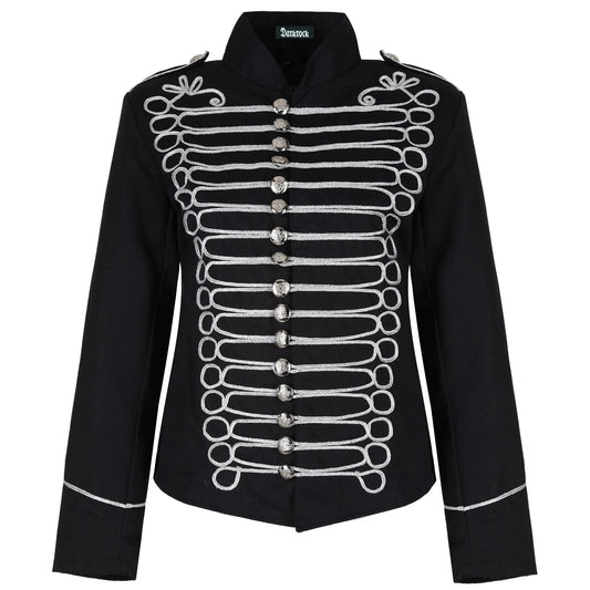 Women's Emo Punk Goth Napoleon Military Drummer Parade Jacket Black Silver