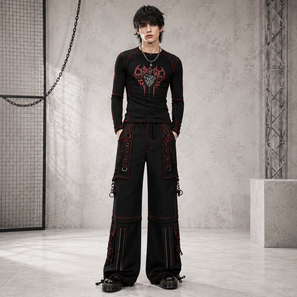 Men’s Black Gothic Super Studded Pants Red Stitching Men’s Fashion Goth Pant
