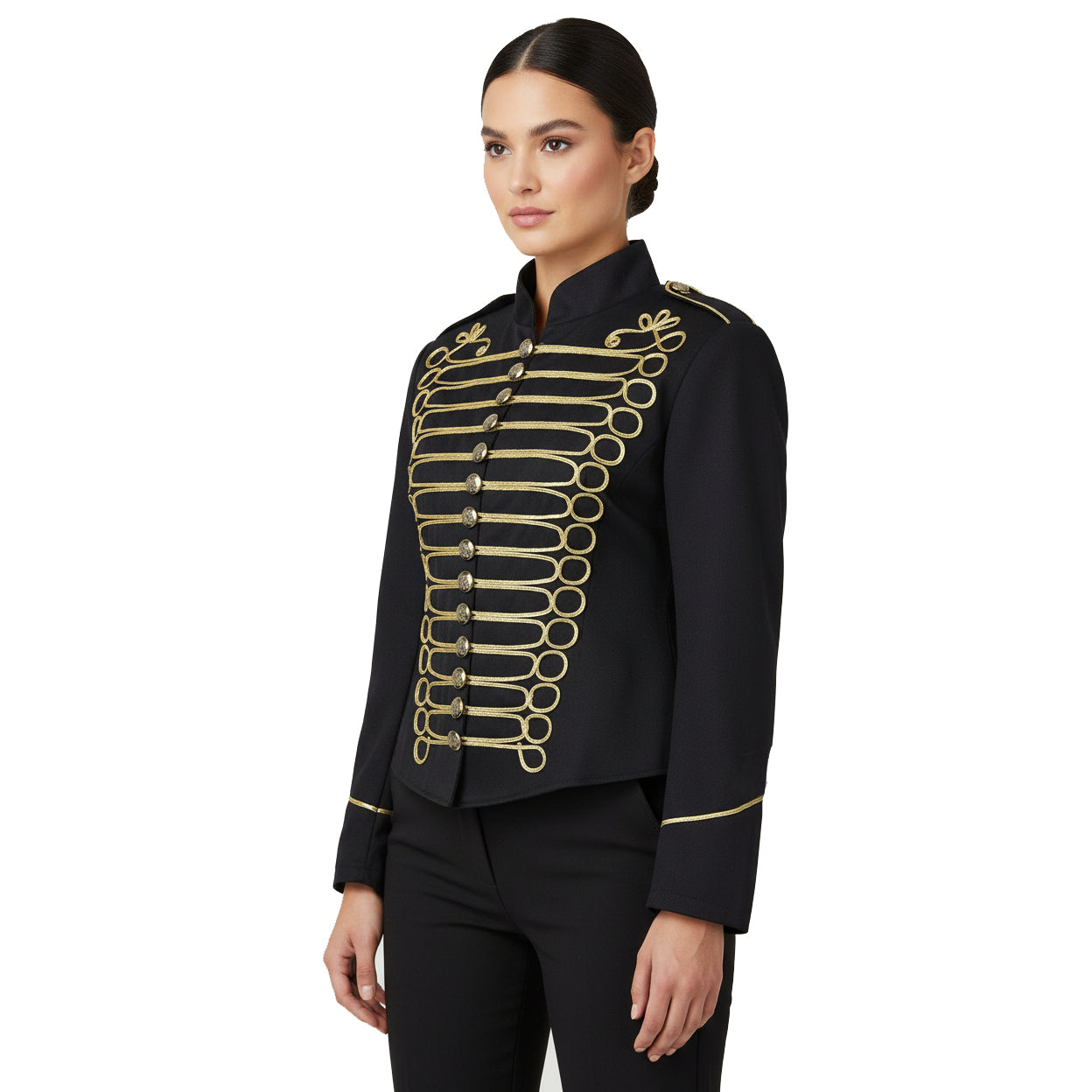 Women's Emo Punk Goth Napoleon Military Drummer Parade Jacket Black Gold
