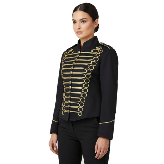 Women's Emo Punk Goth Napoleon Military Drummer Parade Jacket Black Gold