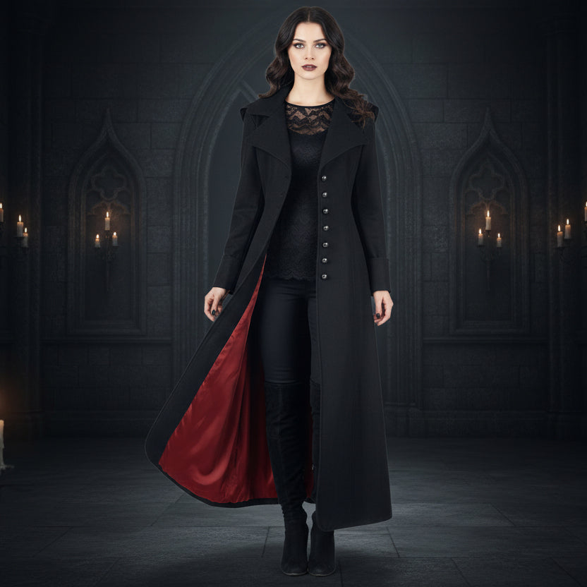 Gothic Ladies Black Long Wool Coat With Wide Collar