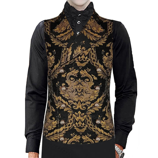 Prime Quality Men's Handmade Gold Black Victorian Cavalier Waistcoat Vest