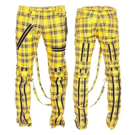 Men Bondage Straps Punk Yellow Plaid Jeans Pant Alternative Rebel Rock Emo Pant/USA
