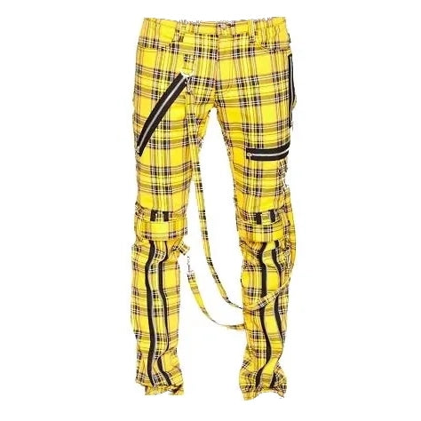 Men Bondage Straps Punk Yellow Plaid Jeans Pant Alternative Rebel Rock Emo Pant/USA