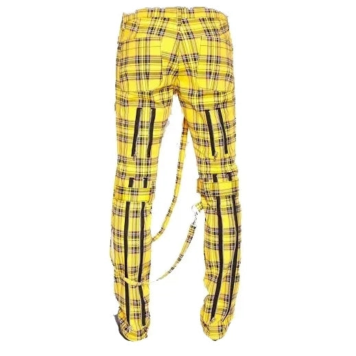 Men Bondage Straps Punk Yellow Plaid Jeans Pant Alternative Rebel Men Bondage Straps Punk Yellow Plaid Jeans Pant Alternative Rebel