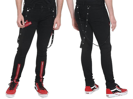 Men's Denim Red Zipper Stinger Jeans With Grommet Suspenders