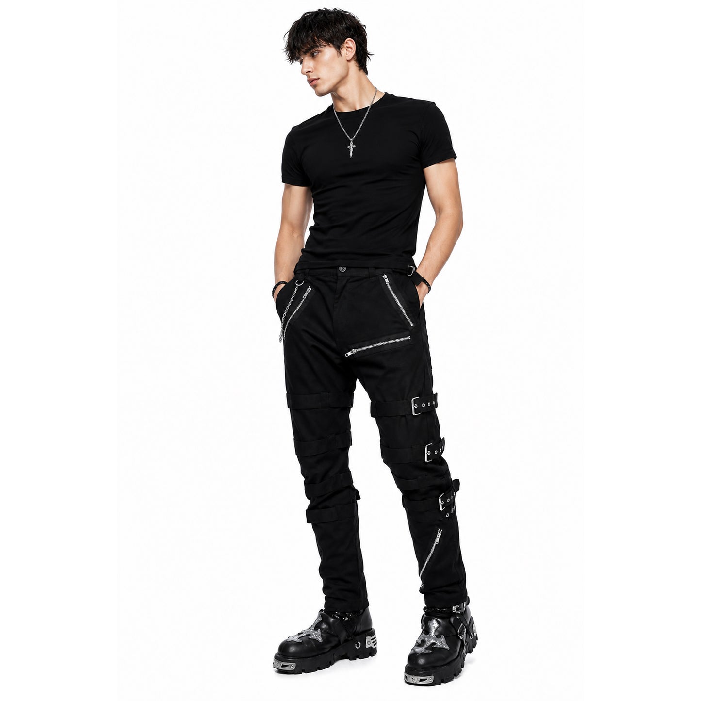 Men's Bondage Black Goth Punk Rock Morte Pants Buckle Chain Trouser Pants