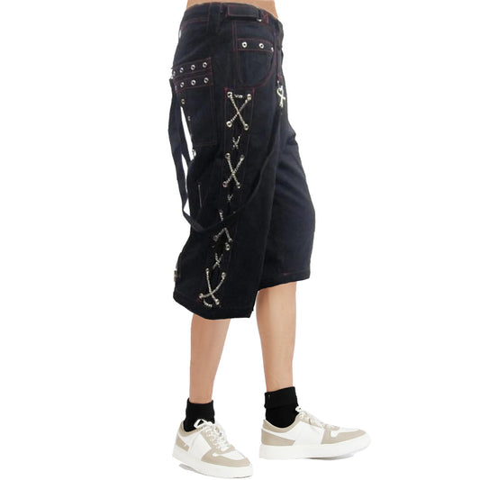 Men's Metal Eyelet Studded Chains Zips Red Stitching Baggy Skater Shorts Emo