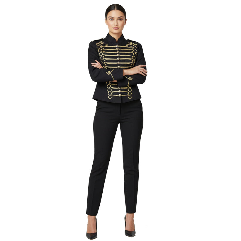 Women's Emo Punk Goth Napoleon Military Drummer Parade Jacket Black Gold