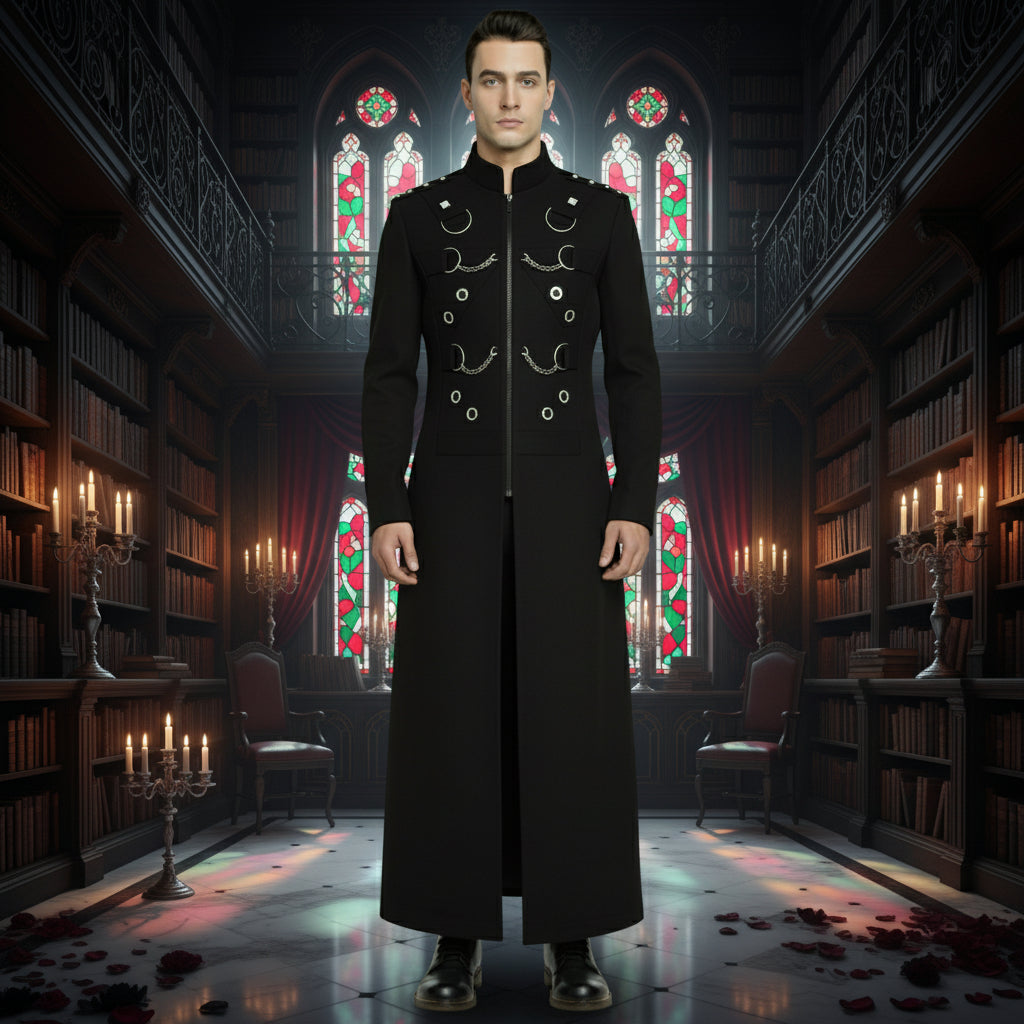 Gothic Men's Handmade Chain Eyelet Trench Coat