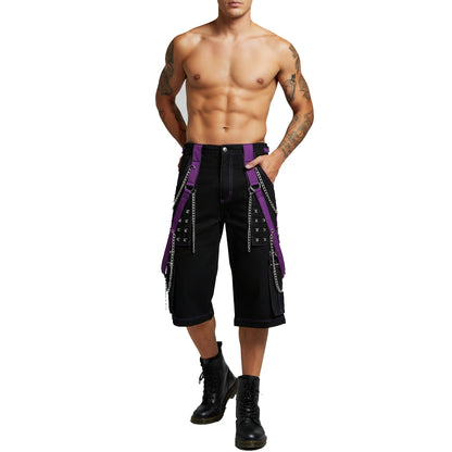 Men's Black Purple Bondage Gothic Cyber Chain Techno Rock Punk Shorts