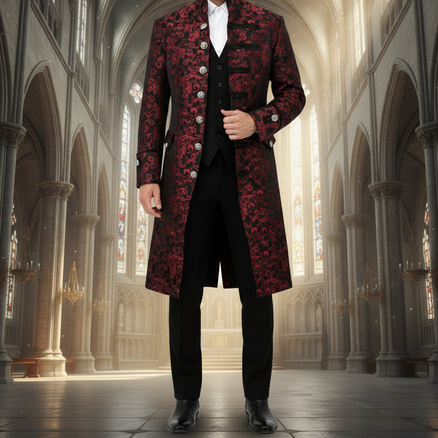 Renaissance Men's Red Brocade Goth Steampunk Victorian Velvet Frock Coat/USA