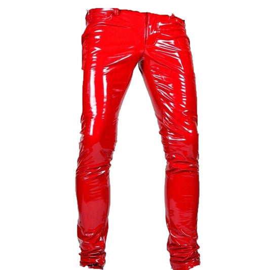 GOTHIC MEN RED BONE FIT PVC VINYL GLOSS FETISH ROCKER SKINNY JEANS PANTS