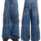 Extreme Bondage Light Blue Denim Pants Skater Gothic Punk Rocker Cyber Biker Black Dagger Trouser Pant Shorts W/Handcuffs Hardware