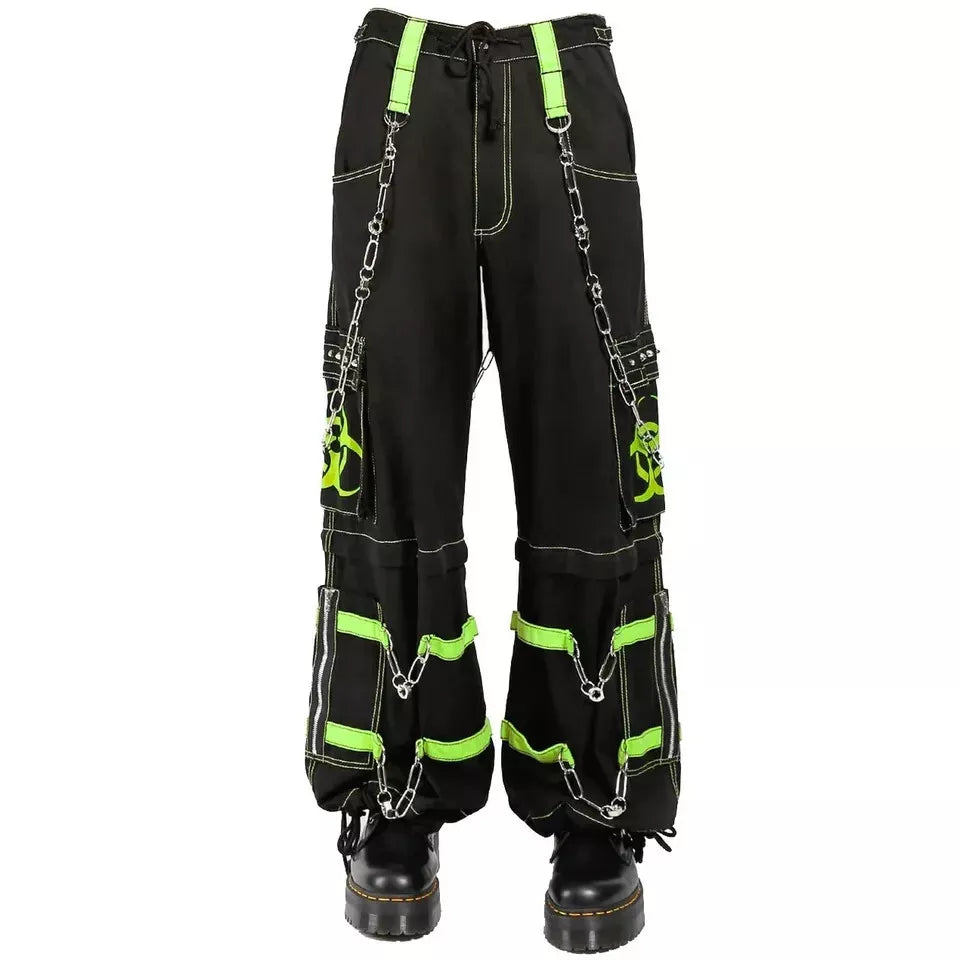 New Biohazard Men Gothic Black/Lime Bondage Reflective Biohazard Symbol Pant Alternative Punk Rock Trouser Shorts
