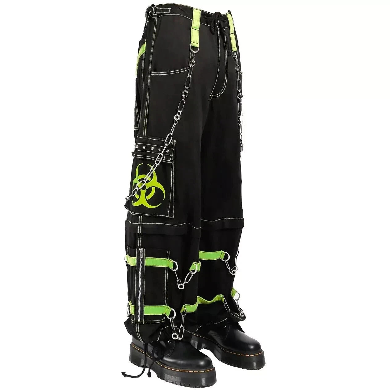 New Biohazard Men Gothic Black/Lime Bondage Reflective Biohazard Symbol Pant Alternative Punk Rock Trouser Shorts