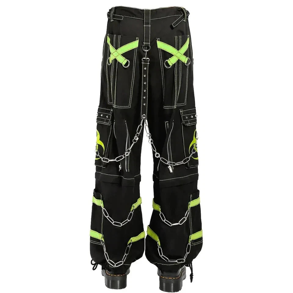 New Biohazard Men Gothic Black/Lime Bondage Reflective Biohazard Symbol Pant Alternative Punk Rock Trouser Shorts