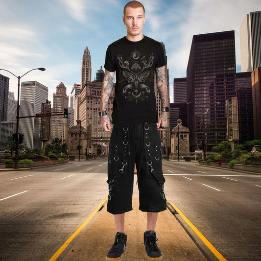 Men Handmade Gothic Bondage Grey Thread Cyber Punk Shorts Metal Studs Shorts