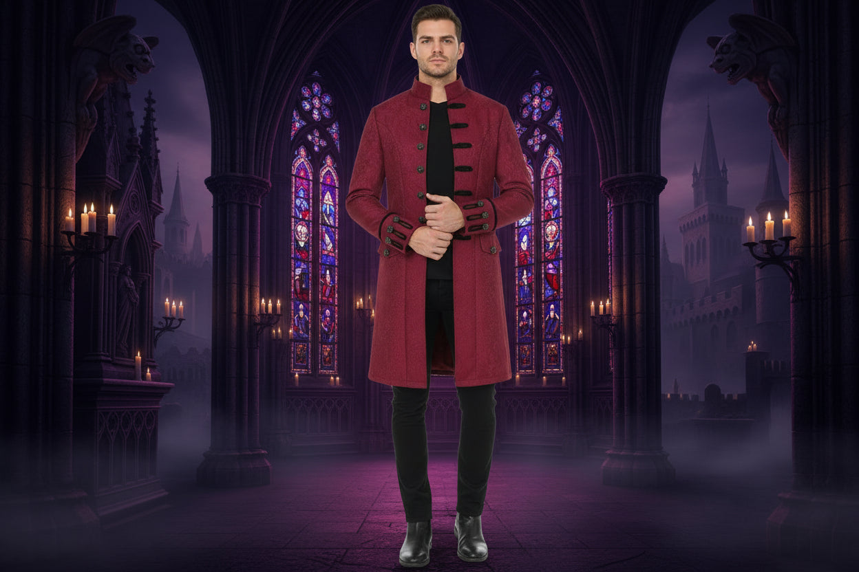 Mens Vintage Red Steampunk Jacket Victorian Tailcoat Gothic Vampire Cosplay Halloween