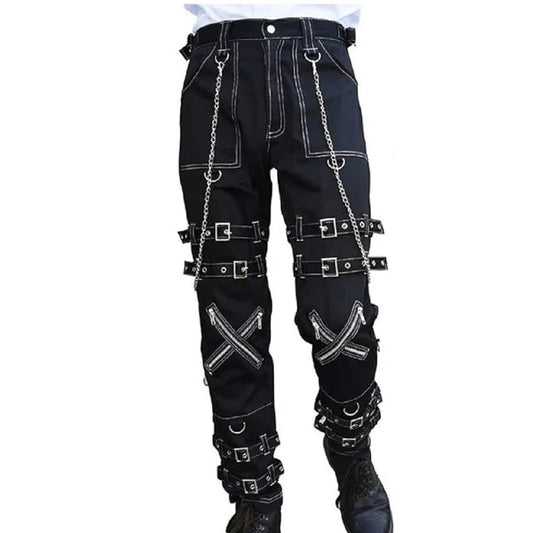 Prime Quality Handmade Gothic Pant White Threads Buckles Zips Chains Straps Cyber Punk Trousers Pants/USA