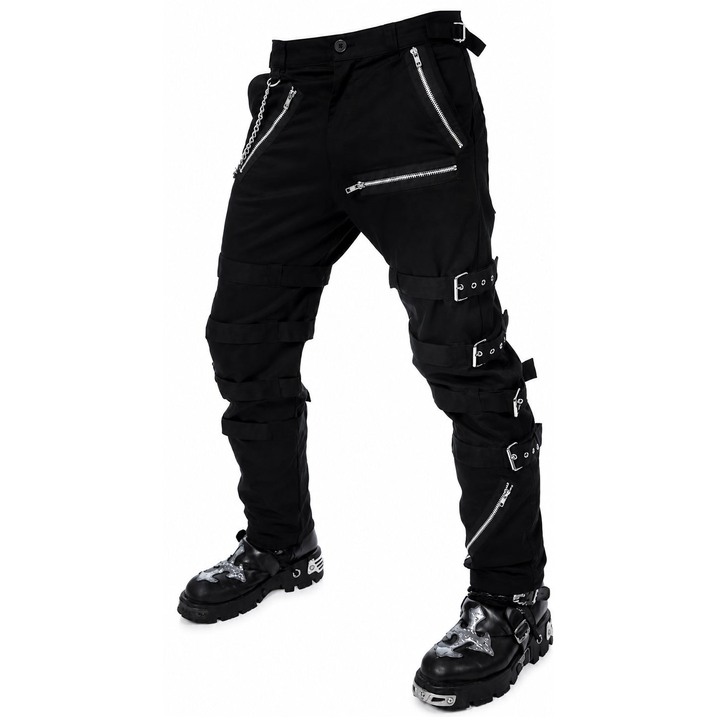 Men's Bondage Black Goth Punk Rock Morte Pants Buckle Chain Trouser Pants