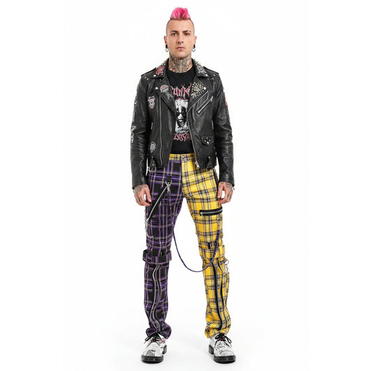 GOTHIC SPLIT LEG BONDAGE PANT PURPLE/YELLOW PLAID