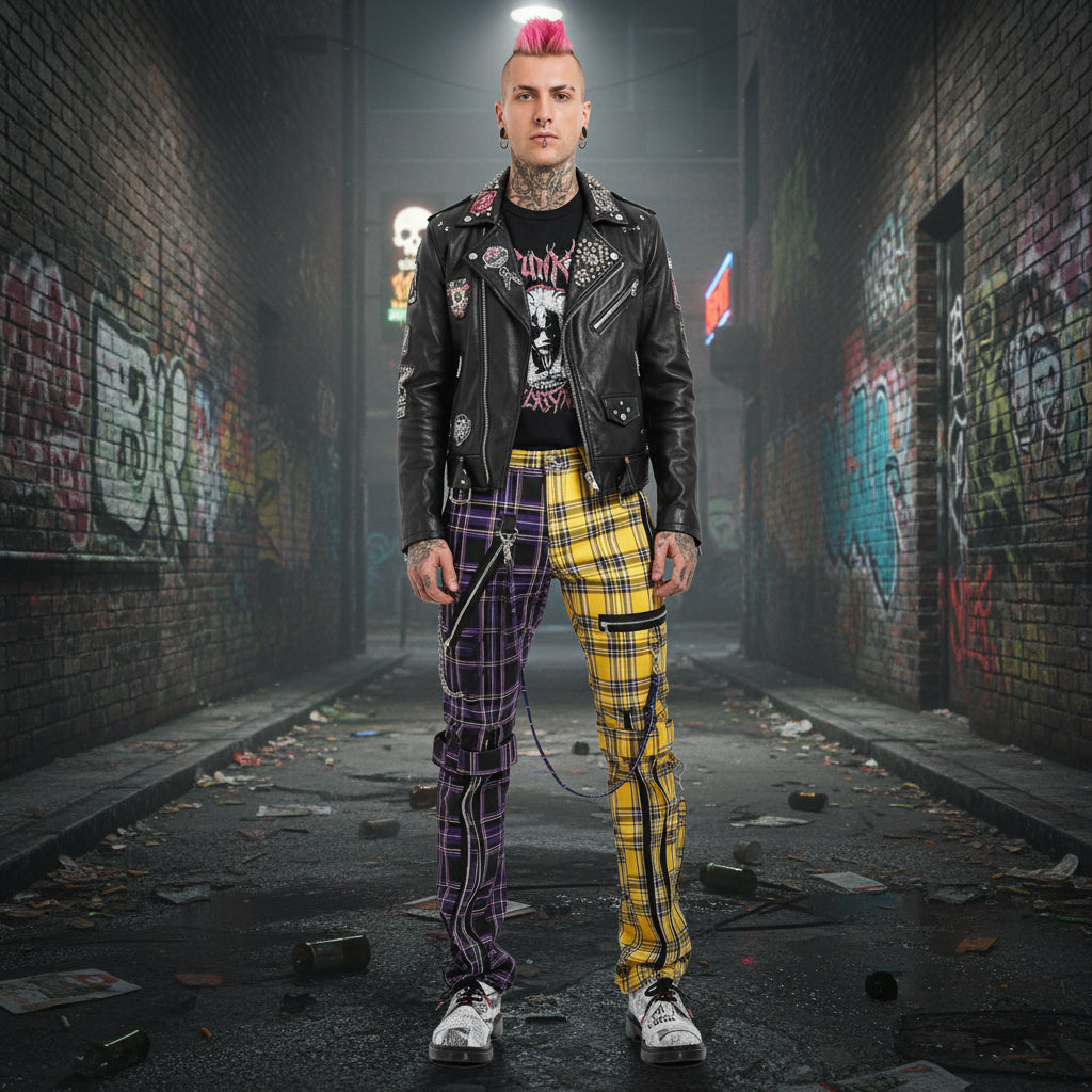 GOTHIC SPLIT LEG BONDAGE PANT PURPLE/YELLOW PLAID